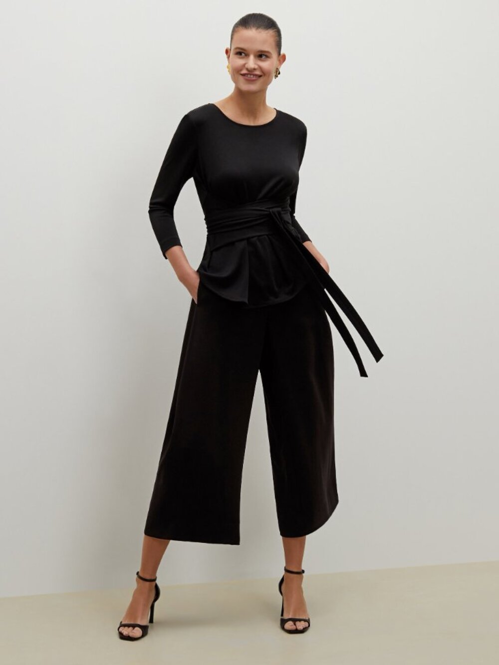 MM LaFleur The Walker Top - Knit Crepe Black Tie Waist Long Sleeve Top Size L
